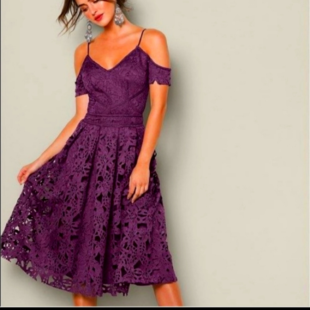Venus purple lace dress cold shoulder